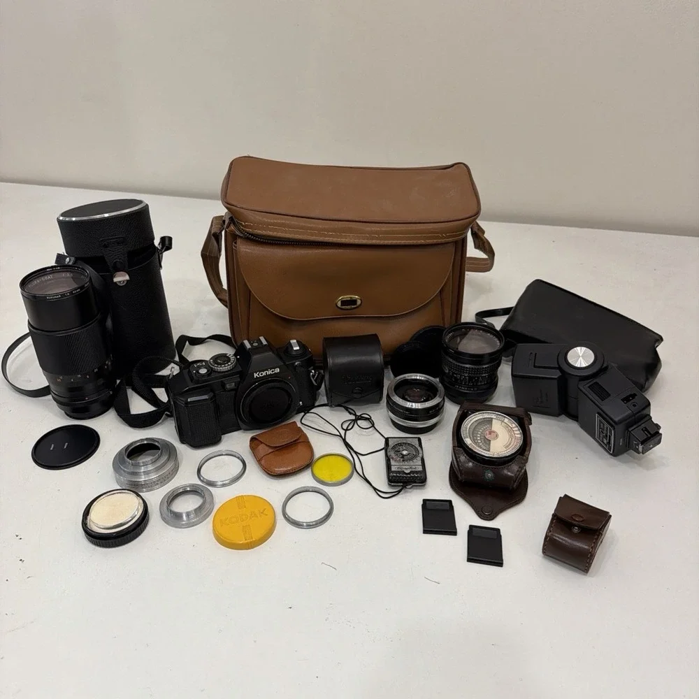 Lot of Vintage Camera / Accessories Konica, Vivitar, Spiratone, Miida, Lenses
